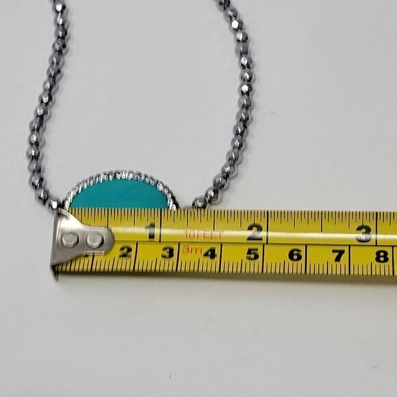 Vintage 90s Signed LUC Silver Bicone Rhinestone Faux Turquoise Oval Pendant Coll - Picture 6 of 13